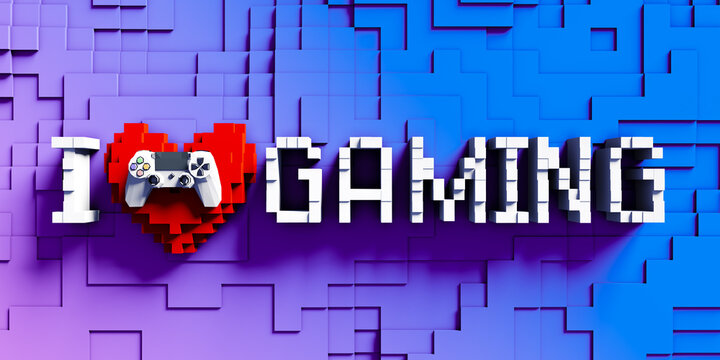 I love gaming banner in blocky low poly style graphic - 3d rendering