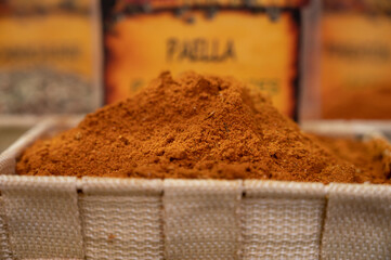 Colorful dried spices Garam Masala, Cous-Cous, Granada powder for cooking in shop in Andalusia, Spain