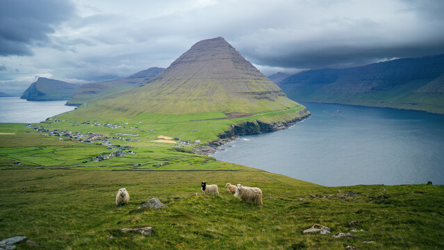 View on town Vidareidi from mountain Villingardalsfjall and Cape Enniberg Faroe islands. Kingdom of Denmark, Nordic Countries, Scandinavia, Europe
