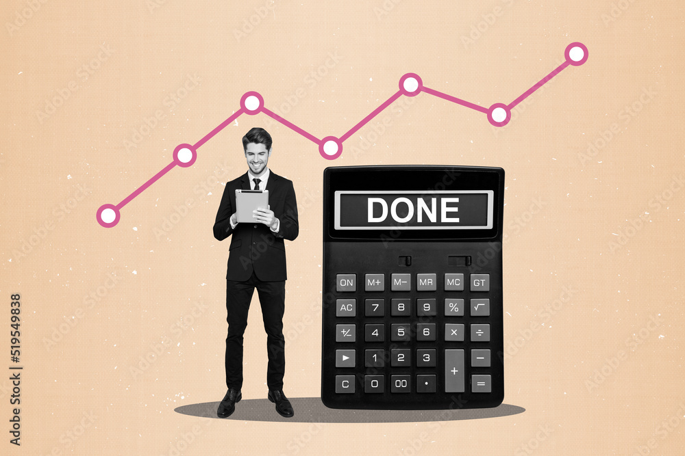 Poster surreal collage of smart bookkeeper use technology count cost savings funds calculator isolated beig