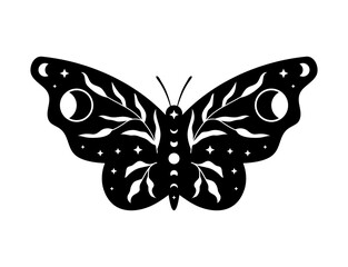 Celestial butterfly vector illustration. Mystical insect with moon phases. Boho magic linocut. Template for modern poster, card, t shirt print, trendy tattoo.