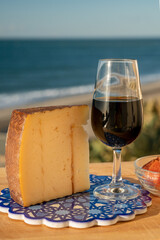 Tasting of sweet Spanish fortified Pedro Ximenez sherry wine with manchego cheese made with same sherry wine in El Puerto de Santa Maria, Andalusia, Spain