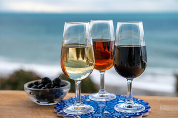 Tasting of Spanish sweet and dry fortified Vino de Jerez sherry wine and green olives with view on blue sea near El Puerto de Santa Maria, Andalusia, Spain