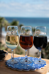 Tasting of Spanish sweet and dry fortified Vino de Jerez sherry wine and green olives with view on blue sea near El Puerto de Santa Maria, Andalusia, Spain