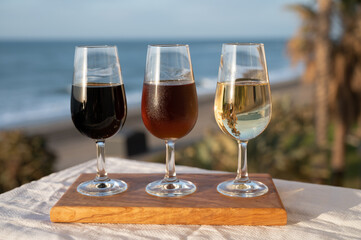 Tasting of Spanish sweet and dry fortified Vino de Jerez sherry wine and green olives with view on blue sea near El Puerto de Santa Maria, Andalusia, Spain