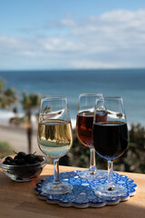 Tasting of Spanish sweet and dry fortified Vino de Jerez sherry wine and green olives with view on blue sea near El Puerto de Santa Maria, Andalusia, Spain
