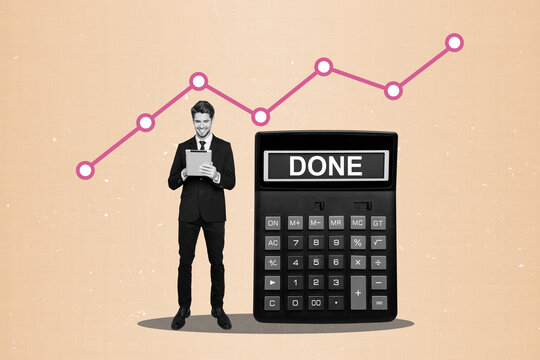 Surreal collage of smart bookkeeper use technology count cost savings funds calculator isolated beige color background