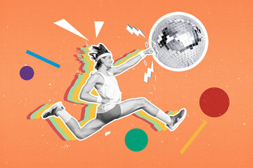 Pinup collage poster of sporty guy destroy glitter shining disco ball kick boxing exercise isolated...