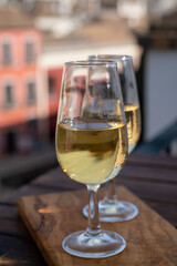 Tasting of Spanish sweet and dry fortified Vino de Jerez sherry wine with view on roofs and houses of old andalusian town