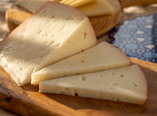 Spanish hard manchego, cow, sheep and goat cheese served outdoor in morning sunlights