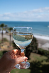 Hand with glass of Spanish dry white wine on beach terrace with view on Mediterranean sea