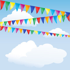 Strings of colourful bunting against a blue summer sky. Space for your text. EPS10 vector format