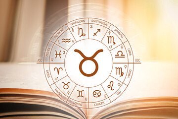 Zodiac circle against the background of an open book. Astrological forecast for the signs of the...
