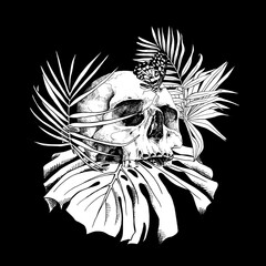 Skull without lower jaw and Butterfly, exotic palm leaves. Creative Mystic occulture poster, t-shirt composition, hand drawn style print. Vector black and white illustration.