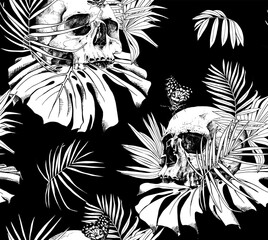 Seamless wallpaper pattern. Skull without lower jaw and Butterfly, exotic palm leaves. Textile composition, hand drawn style print. Vector black and white illustration.