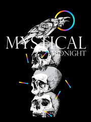 Three Skulls without lower jaw and Crow. Mystical midnight – lettering quote. Creative Mystic occulture poster, t-shirt composition, hand drawn style print. Vector illustration.