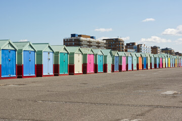 Fototapeta na wymiar Beach huts on Hove promenade, Brighton, UK