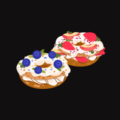 Paris Brest cakes with cream with fruits and berry. French pastries in flat style. Isolated elements. Sweets vector illustration