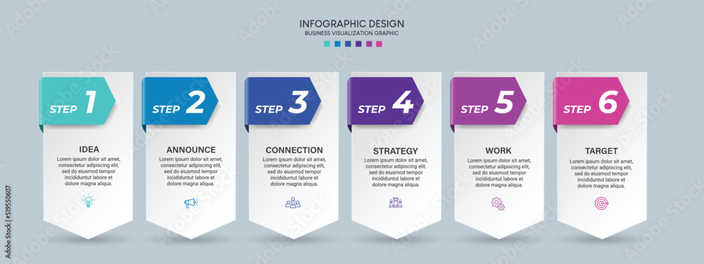 Fototapete Business visualization infographic design template with options, steps or processes. Can be used for presentation, diagram, annual report, web design, workflow layout