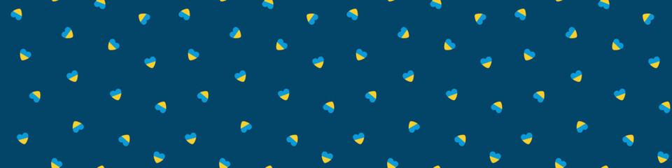 Horizontal banner with hearts in the colors of the flag of Ukraine for social networks. I love Ukraine. A Ukrainian patriot. Solidarity with Ukraine poster. volunteer movement. Support Ukraine concept
