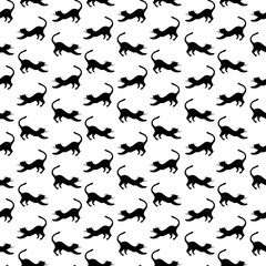 Black silhouettes of cats, hand-drawn, on a white background. Seamless pattern from a large set of PARIS. For fabric, textiles, packaging paper, wallpaper, cover, accessories, clothing, design