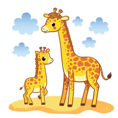 Cute giraffe with a cub stands on a sandy meadow among the clouds on a white background.