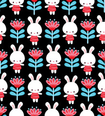 Vector seamless illustration with rabbit and flowers on a black background.