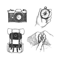 Vector set of illustrations of objects for camping. Hand drawn sketches of camera, backpack, compass and traveler's boots over the rock. Life of traveling. - 519552411