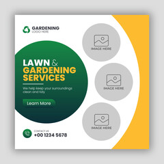 Lawn or gardening service social media post and web banner template