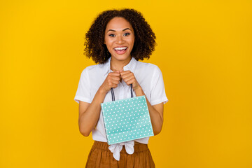 Portrait of funny surprised girl hands hold small shopping bag isolated on yellow color background