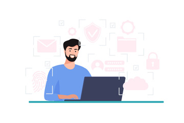 Fototapeta na wymiar Cyber safety cyber security and privacy concept. Cyber defender works on a laptop. Vector illustration of Security, Personal Access, User Authorization, Internet and Data Protection, Cybersecurity.