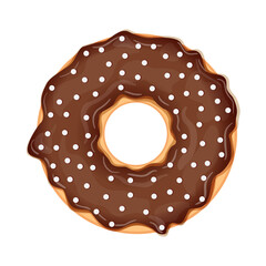 Delicious donut with chocolate and bright sweet sprinkles isolated on white background. Realistic vector illustration of sweet pastries.