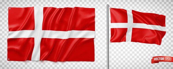 Vector realistic illustration of Danish flags on a transparent background. - obrazy, fototapety, plakaty