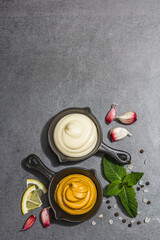 Mustard and mayonnaise sauces. Fresh mint, lemon, garlic, and spices. A hard light, dark shadow