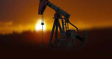 Image of working pumpjack over landscape and sun