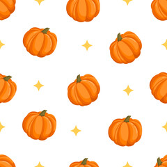 Seamless pattern with autumn pumpkins and stars. October harvest. Thanksgiving and Halloween. Vector illustration for fabrics, textures, wallpapers, posters, cards. Editable elements.