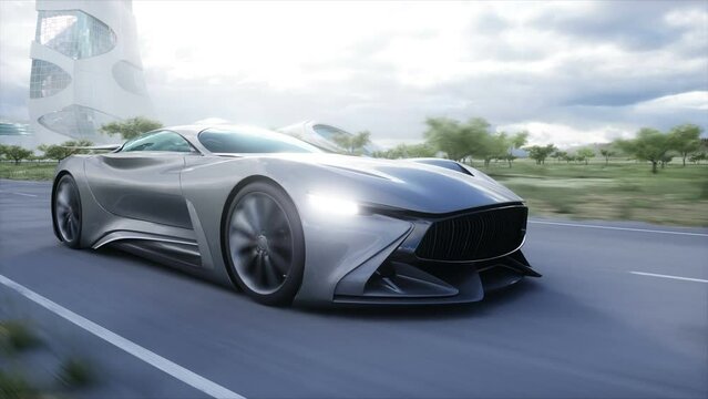 Futuristic sport car very fast driving on highway. Futuristic city concept. Realistic 4k animation.