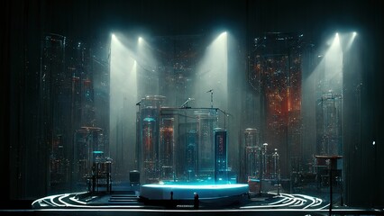 A scientific podium, a pedestal, directional light in center, against backdrop of futuristic city. Skyscrapers on a black background. Futuristic interior with an empty stage. Modern future background.