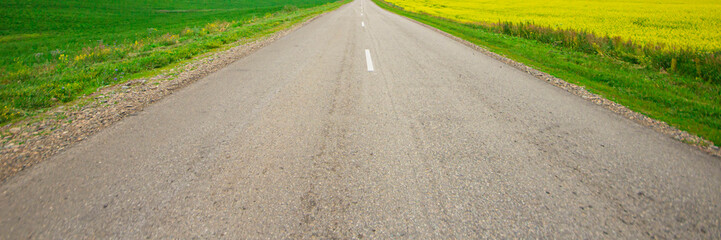 the road leading to the valley of the mountains, through the blossoming yellow fields under the blue sky