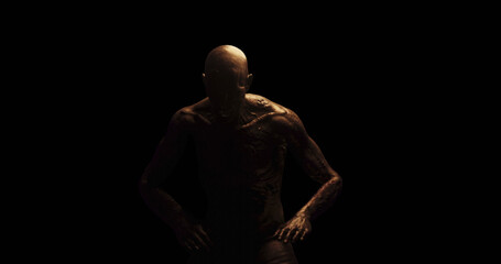 Fototapeta na wymiar Image of distressed shirtless bald figure holding head in pain in dark room