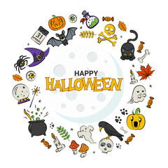 Halloween card with traditional event elements and Happy Halloween lettering. Round shape background for fall season. Isolated on white background. Cartoon vector objects for holiday design.