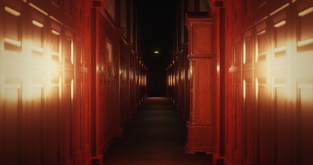 Image of old wood panelled corridor in scary dark interior