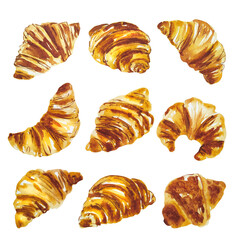 Watercolor bakery clipart set of croissants. For cafe menu, for barista, for stickers and postcards, for all, who like fresh pastry