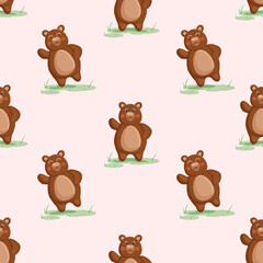 Seamless vector pattern with forest brown bear, on the grass. Vector illustration for fabric, texture, wallpaper, poster, postcard. Editable elements. Cartoon design.