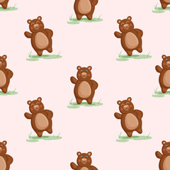Fototapeta premium Seamless vector pattern with forest brown bear, on the grass. Vector illustration for fabric, texture, wallpaper, poster, postcard. Editable elements. Cartoon design.
