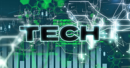 Image of graphs, data, tech and hexagons on blue background
