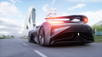 Naklejka premium Futuristic sport car very fast driving on highway. Futuristic city concept. 3d rendering.