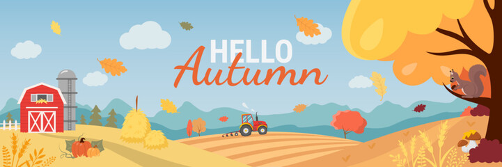 Autumn nature landscape background with farm, tractor working on the field, harvest, colorful forest with squirrel. Peaceful mid autumn countryside scene with text. Flat design vector illustration