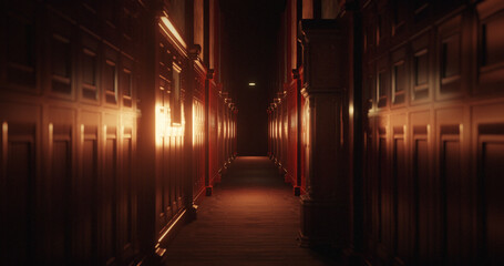 Image of old wood panelled corridor in scary dark interior