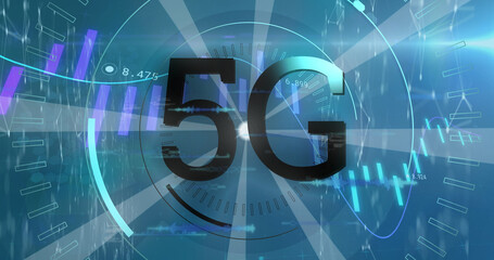 Image of graphs, data and 5g on blue background